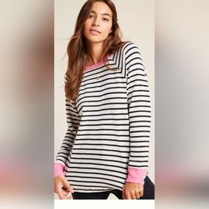 NWT Anthropologie Ella Mara Kirsten Thermal Black White Pink Trim Pullover. M